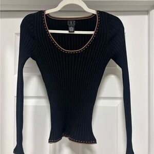 INC International Concepts Black Ribbed Long Sleeve Blouse